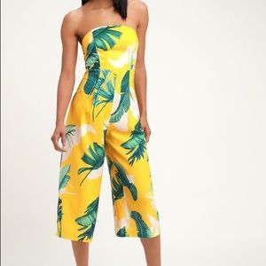 Lulu’s Rainforeat Blooms Strapless Midi Jumpsuit
